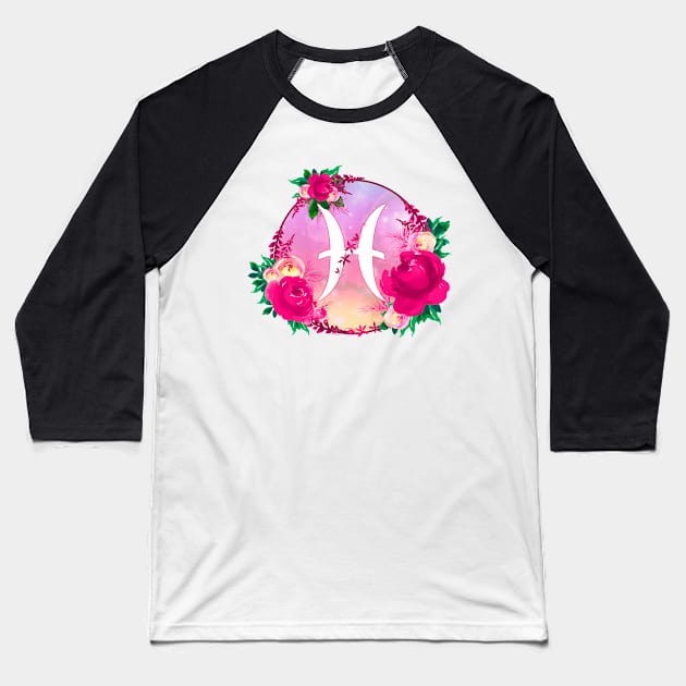 Pisces Zodiac Horoscope Pink Floral Monogram Baseball T-Shirt by bumblefuzzies